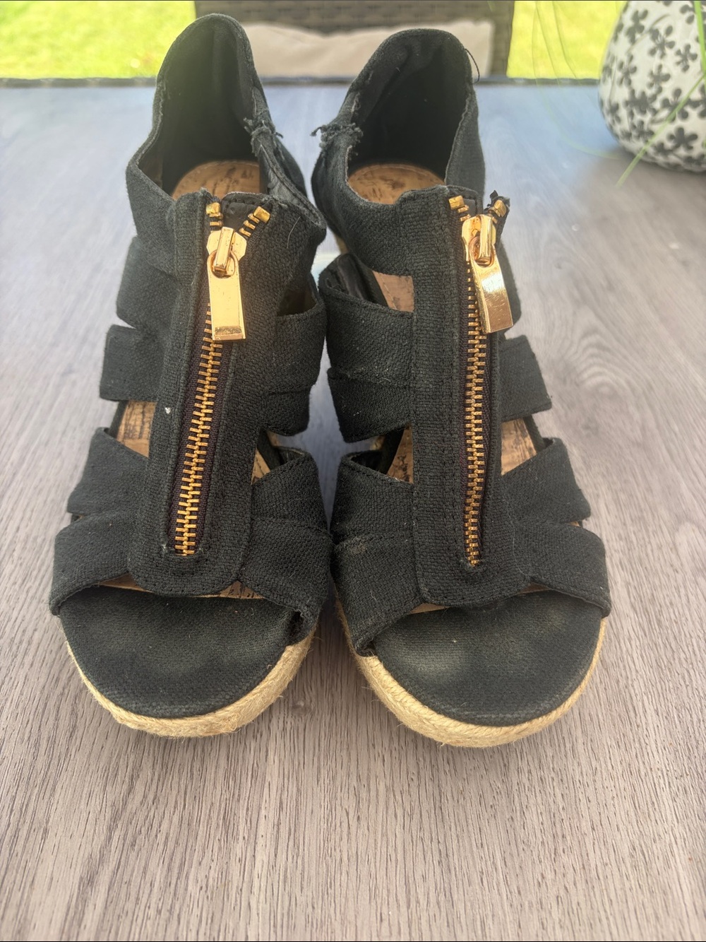 Merona Black Wedge Sandals with Gold Zipper Detail